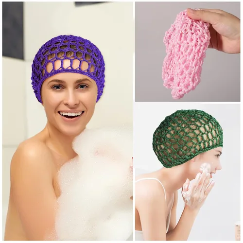 Vista 6 de Gorros de pelo de punto de rayón de malla para mujer, 5 sombreros de red gruesa de ganchillo para dormir, accesorios para el cabello suave con Negro