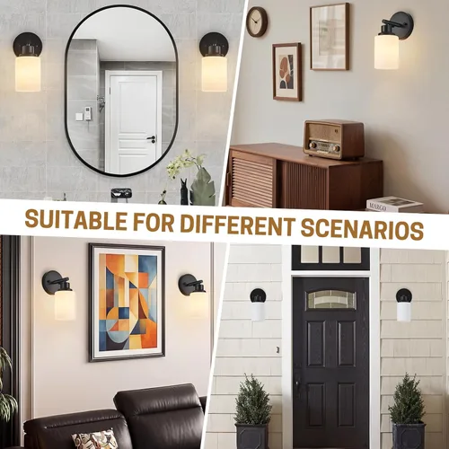 Vista 9 de Paquete de 2 luces de tocador de 1 luz, lámpara de baño negra mate con pantalla de vidrio blanco lechoso texturizado, accesorio de iluminación