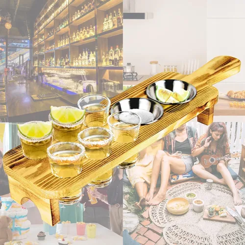 Vista 6 de Bandeja para servir vasos de chupito de tequila con juego de 6 vasos de chupito, soporte de madera único para beber, servir, exhibir y almacenar