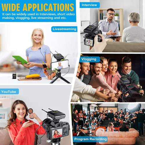 Vista 4 de FULAIM WM500 UHF - Sistema de micrófono inalámbrico Lavalier, micrófono de solapa de 16 canales con transmisor recargable y receptor para grabar