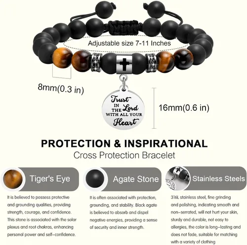 Vista 5 de Pulsera con versículo bíblico, regalos inspiradores para hombres pulsera de cruz grabada con versículo bíblico para hombre, pulsera de cuentas