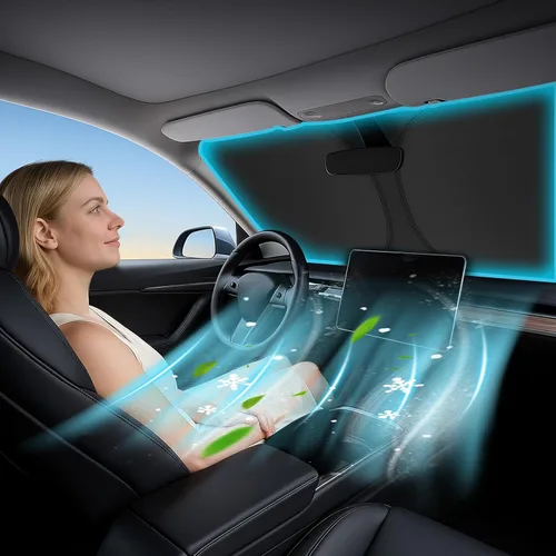 Vista 6 de Parasol para parabrisas para Tesla Model 3 y Model Y 2017-2026, innovadora tecnología sin paso de luz, recorte de espejo, bloquea el 99%