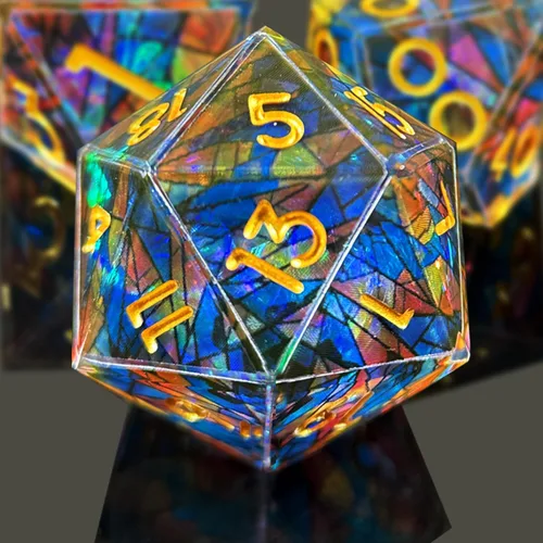 Vista 18 de Juego de Dados de Resina de Doble Capa 7 piezas/ Efecto de Vidrio Manchado y Números Dorados/Dados Poliédricos de Borde Afilado/Aplicable a