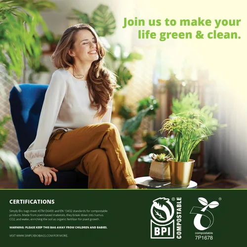 Vista 5 de Simply Bio Bolsas de basura compostables de 13 galones con cordón de cierre, extra gruesas de 1 mil, 49.21 litros, 30 bolsas, bolsa alta de cocina