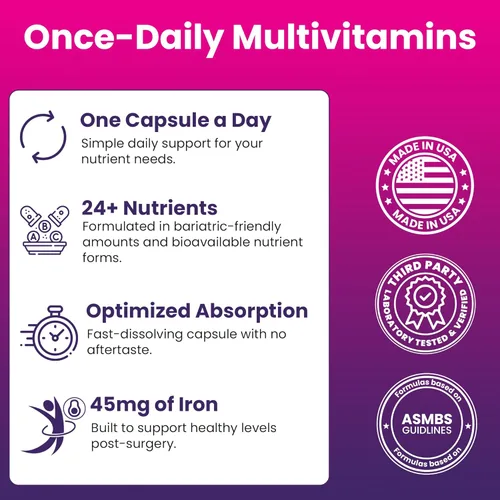 Vista 3 de ProCare Health Multivitamínico bariátrico con hierro (30 cápsulas) 45 mg de hierro con vitamina B12 reducida, vitaminas bariátricas postoperatorias