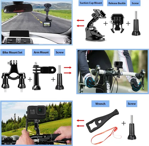 Vista 4 de Kit de accesorios para cámara de acción HONGDAK para GoPro Hero 13 12 11 10 9 Negro, carcasa impermeable+estuche de silicona+brazo ajustable+correa