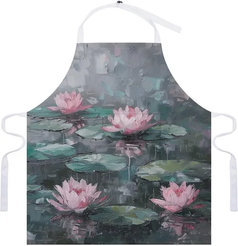 Vista 7 de MUSM Apron for Adults - 27.6 X 31.5 Inch, Heavy-Duty Polyester Aprons with Two Large Pockets, Waterproof Peach Water Lily Painting Kitchen Apron for