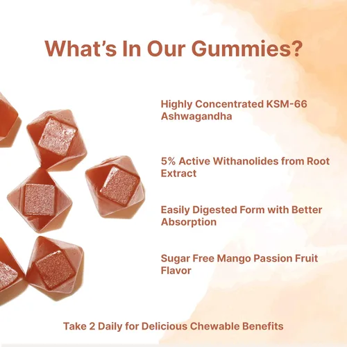 Vista 2 de Micro Ingredients Gomitas Ashwagandha KSM-66, 120 unidades, sabor a fruta de la pasión de mango sin azúcar, potente extracto de raíz, apoyo
