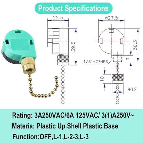 Vista 2 de Interruptor de ventilador de techo ZE-268S6 de 3 velocidades de 4 cables, reemplazo de control de interruptor para ventiladores de techo, Bronce