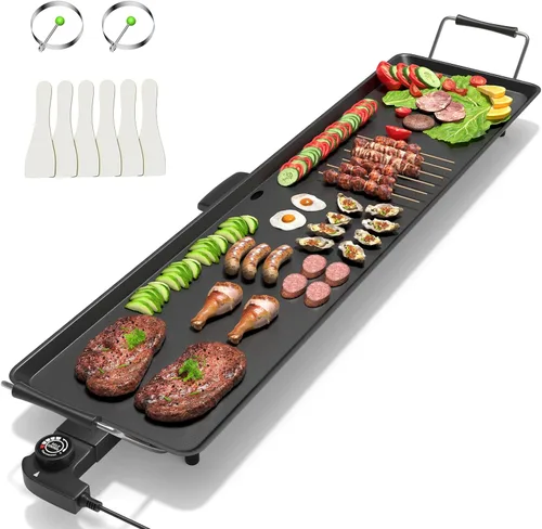 Vista 10 de COSTWAY Parrilla eléctrica de 27 pulgadas, parrilla Teppanyaki extragrande con temperatura ajustable, superficie antiadherente, asas aisladas