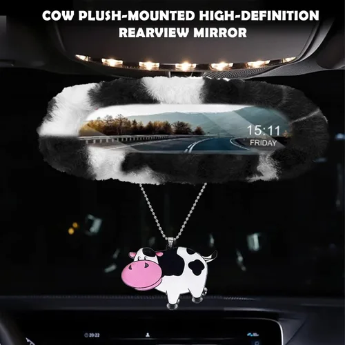 Vista 7 de Juego de 11 piezas de accesorios esponjosos para coche, fundas de volante de felpa con estampado de vaca para mujer, funda de forro polar suave