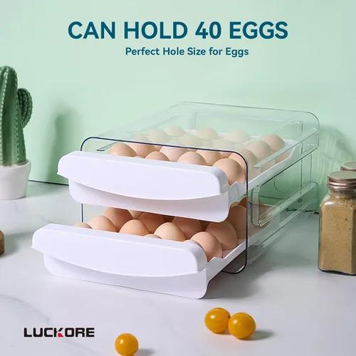 Vista 2 de Luckore - Portacontenedores de huevos para refrigerador de 40 huevos, bandeja dispensadora de 2 niveles transparente apilable con cajón