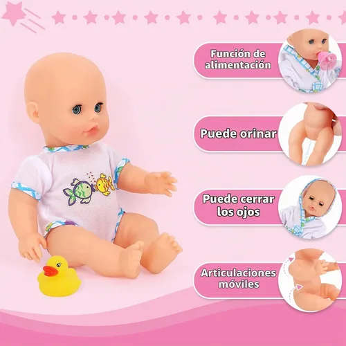Vista 4 de deAO Juego de muñeca bebé, juego de muñeca de 13 pulgadas para hora del baño con spray de ducha funcional y accesorios para niños, muñeca bebé