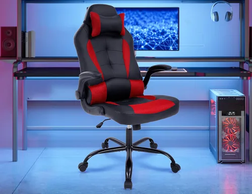 Vista 7 de Silla de videojuegos, silla de computadora de piel sintética ajustable con reposacabezas soporte lumbar, brazos y ruedas abatibles, silla de oficina