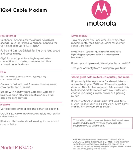 Vista 6 de Módem por cable DOCSIS 3.0 16x4 de alta velocidad, certificado para Comcast o XFINITY, con cable con aviso de tiempo, Cox y BrightHouse (MB7420)
