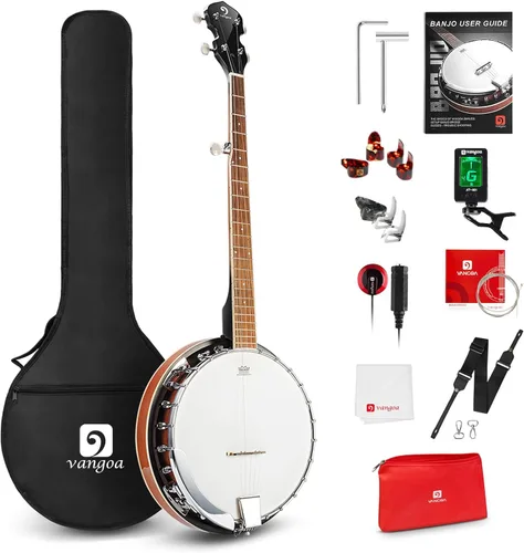 Vista 9 de Vangoa Banjo de 5 cuerdas de 26 pulgadas, mini kit de banjo de viaje para principiantes con cabeza Remo, espalda abierta y espalda sólida cerrada