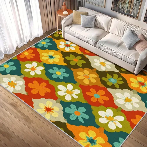 Vista 2 de Floral Throw Rug, Washable Small 2x3 Area Rugs for Entryway, Groovy Flower Patterned Indoor Door Mat for Bedroom Kitchen, Floral Decor, Non Slip