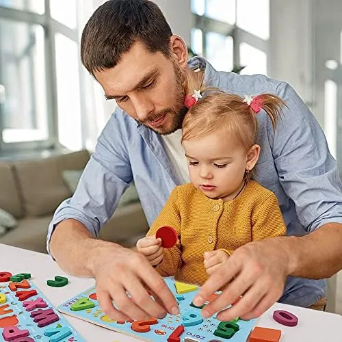 Vista 3 de Rompecabezas de madera para niños pequeños, rompecabezas de madera con forma de números del alfabeto, juguetes de aprendizaje para niños y niñas