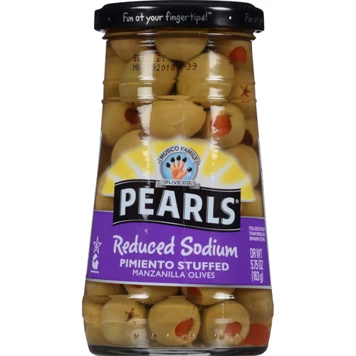 Vista 2 de Pearls 5.75 oz. Aceitunas de Manzanilla rellenas de Pimiento con sal reducida
