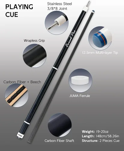 Vista 3 de CRICAL Pool Cue Set, 58" Pro Taper Carbon Fiber Playing Stick with 12.5mm Tip, 3/8×8 Joint, 54.3" Maple Jump Break Stick with 13.5mm Bakelite Tip