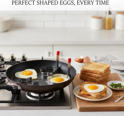 Vista 3 de 5-Piece Stainless Steel Egg Ring Molds Set for Fried Eggs, Pancakes & Breakfast Sandwiches - Heart, Star, Flower, Round & Oval Shapes