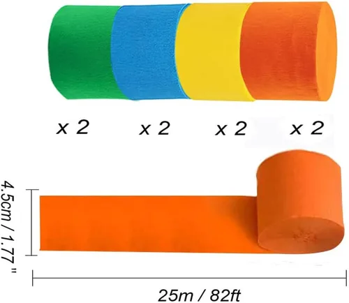 Vista 2 de IGUO 8 rollos de suministros para fiesta de monstruos, serpentinas de papel crepé, amarillo, azul, verde, naranja, borlas de papel de 82 pies