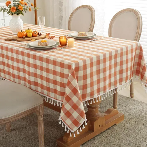 Vista 11 de Laolitou Mantel redondo a cuadros verde, de lino y algodón, con borla, a cuadros de búfalo, lavable, mantel de gingham para sala de estar
