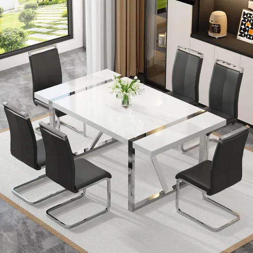 Vista 3 de Ebullient Juego de Mesa de Cocina Rectangular de MDF Blanca y Sillas de Comedor de Cuero Set de 6, Mesa de Comedor con Marco de Metal Dorado Moderno