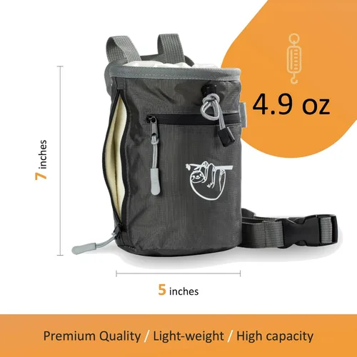 Vista 6 de Bolsa de tiza para escalada en roca, bolsa de tiza de escalada para boulder con 2 grandes bolsillos de almacenamiento con cremallera, bolsa de tiza