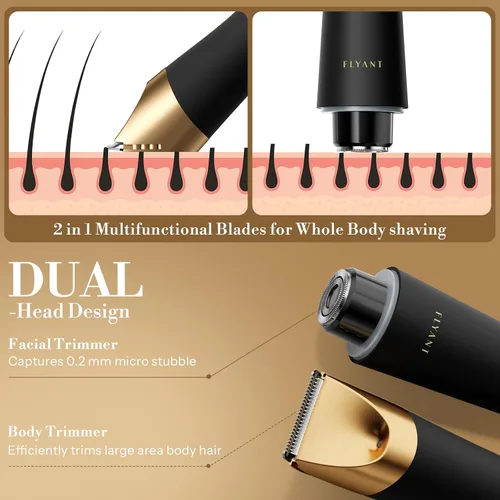 Vista 2 de Flyant - Recortadora de bikini para mujer, afeitadora eléctrica 2 en 1 para mujer, recortadora de pelo púbico, impermeable, IPX7 con LED, maquinilla