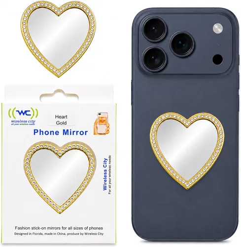 Wireless City Espejo de teléfono con forma de corazón, espejo de maquillaje con diamantes dorados con circonita cúbica, 2.2 in, ideal para