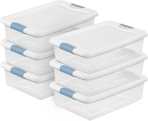 Vista 30 de Sterilite - Paquete de 12 contenedores de almacenamiento con pestillo para debajo de la cama, con tapas, de plástico transparente, 6 cuartos
