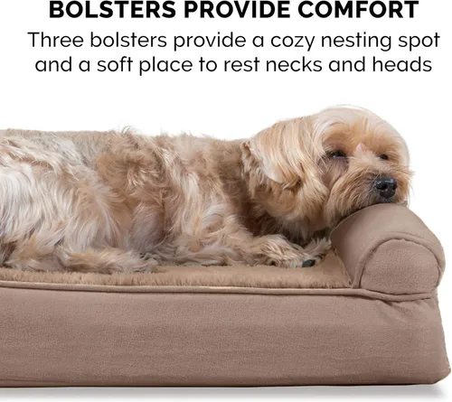 Vista 11 de FurHaven - Cama ortopédica de espuma estilo sofá para perros con funda lavable y extraíble - Felpa/Gamuza - Almendra, para perros de hasta 35 libras
