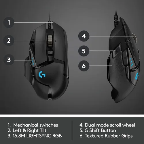 Logitech G502 HERO - Mouse para juegos de alto rendimiento con sensor HERO 25K, RGB, 11 botones programables, pesos ajustables, memoria integrada,