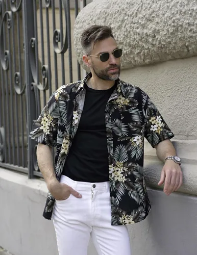 Vista 2 de COOFANDY Camisas hawaianas de manga corta para hombre, estilo casual, con botones, para playa tropical