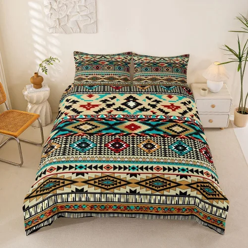 Vista 56 de Juego de ropa de cama bohemio occidental, tamaño Queen, funda de edredón azteca, funda de edredón étnica tribal con flecha, decoración de campo