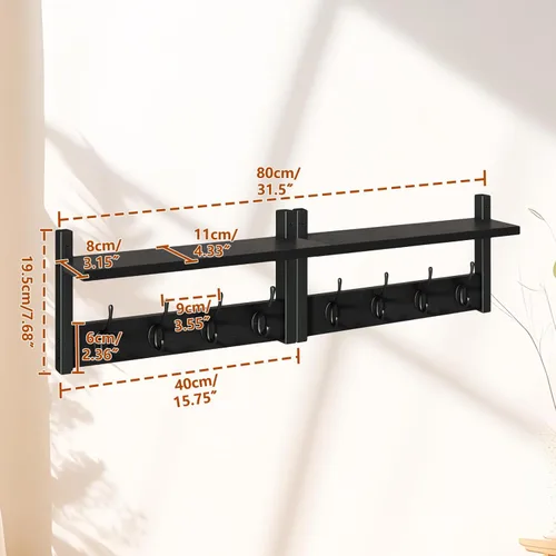 Vista 6 de YMYNY Perchero con Estante de Pared, Juego de Ganchos para Abrigos de 2, Perchero de Entrada con 8 Ganchos, Estante Flotante de Pared de 31.5