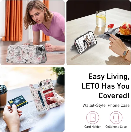 Vista 1419 de LETO para iPhone 15 Pro Funda tipo cartera - Tapa tipo folio con patada - Diseños de moda - Tarjetero - Funda protectora para mujeres y niñas - 6.1