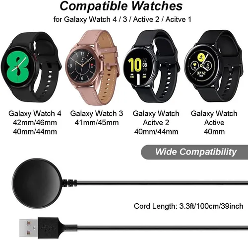 Vista 2 de Cargador para Samsung Galaxy Watch 34567 Cable de carga de repuesto para reloj inteligente 2 unidades, 3.3 pies