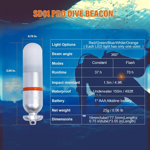 Vista 5 de ORCATORCH SD01PRO Luz de Señal de Buceo Mejorada y Brillante, Faro Sumergible Mini Marcador de Tanque con Modos Constante y Parpadeante, para Buceo