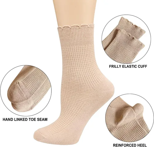 Vista 6 de Mcool Mary Women's Crew Socks,Casual Cute Ankle Socks Breathable Cotton Knit Retro Caramel Frilly Socks for Women 6 Pack