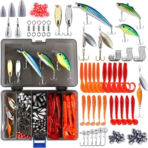 PLUSINNO Señuelos de Pesca Caja de Aparejos de Pesca Regalos de Pesca para Hombres, Lubina, Trucha Kit de Accesorios de Pesca para Agua Salada y