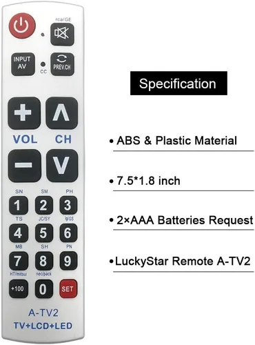 Vista 8 de LuckyStar - Control remoto universal con botón grande A-TV2, ajuste inicial para Lg, Vizio, Sharp, Zenith, Panasonic, Philips, RCA, pone la batería