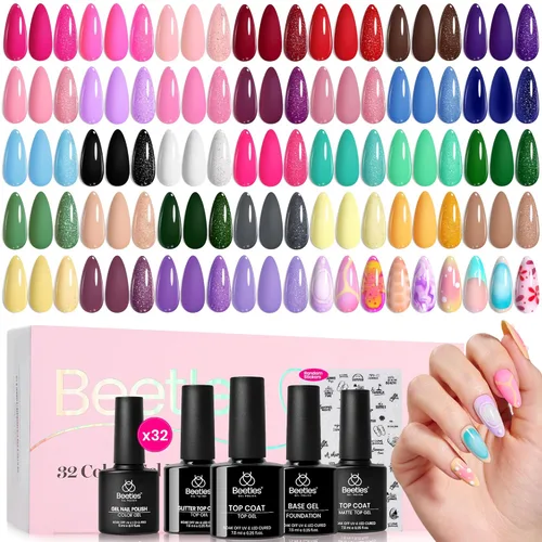 Vista 8 de Beetles - Set de 20 esmaltes de gel p/decoración de uñas, colección Fall Yard, purpurina naranja/marrón/rojo/azul marino, semipermanente, LED c/capa