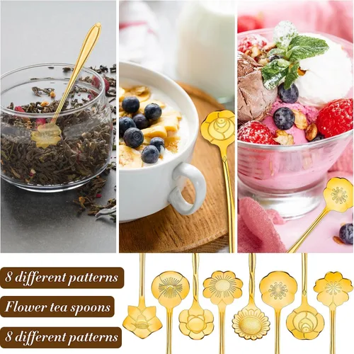 Vista 4 de EBOOT 24 piezas de cucharaditas de té con flores doradas de acero inoxidable, cucharas de fiesta mini, lindas cucharaditas para revolver café