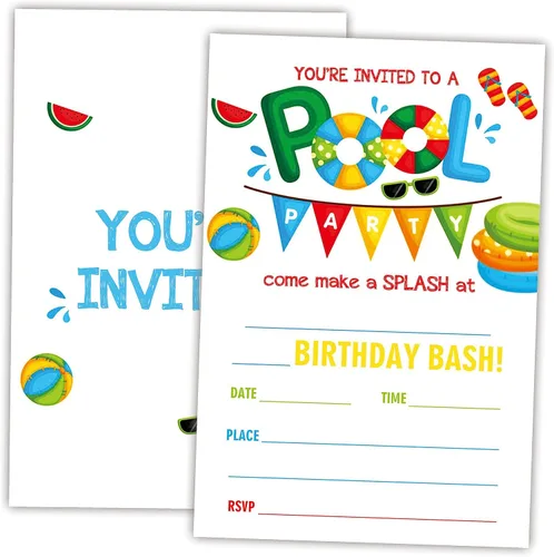 Vista 10 de AWSICE Invitaciones de cumpleaños para fiesta en la piscina, tarjetas de invitación de relleno de doble cara Aloha Tropical, 20 invitaciones