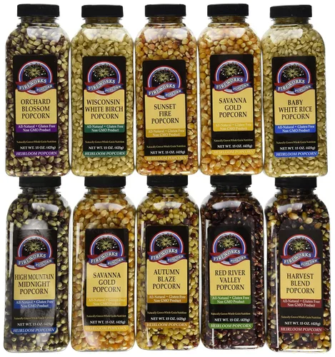 Fireworks - Granos de palomitas de maíz orgánicos, paquete surtido surtido de reliquias gourmet – 10 botellas (15 onzas cada una) – Para hacer
