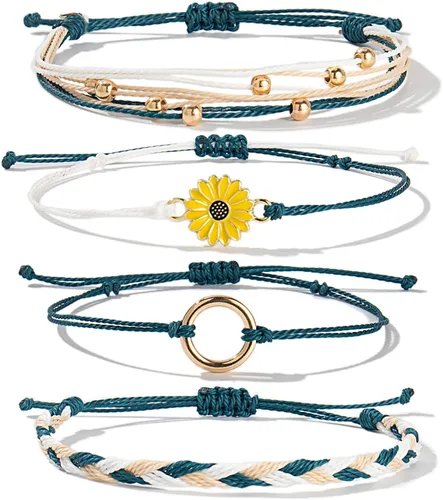Vista 8 de Pulsera de cuerda trenzada hecha a mano con diseño de girasol para adolescentes y mujeres Beige