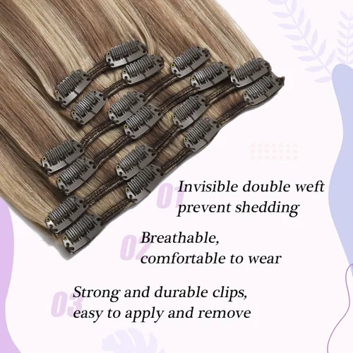 Vista 4 de Sindra Extensiones de cabello humano con clip, balayage #10/16/16 de color marrón dorado a rubio claro, extensiones de cabello humano Remy con clip