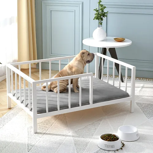 Vista 11 de Cama para perros con rieles, marco de cama elevado de metal para mascotas con tablero de madera maciza y tapete suave lavable para perros pequeños